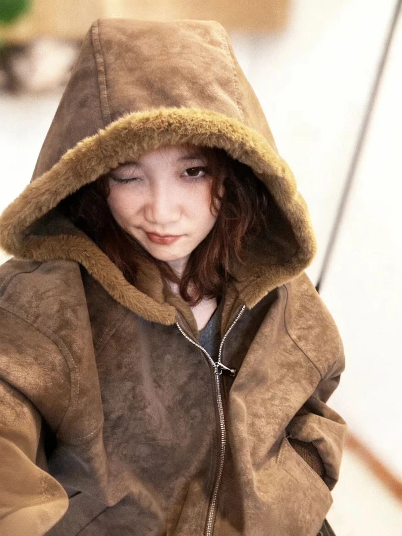 爆款座山雕座山雕加绒PU皮男女同款连帽保暖宽松棉衣