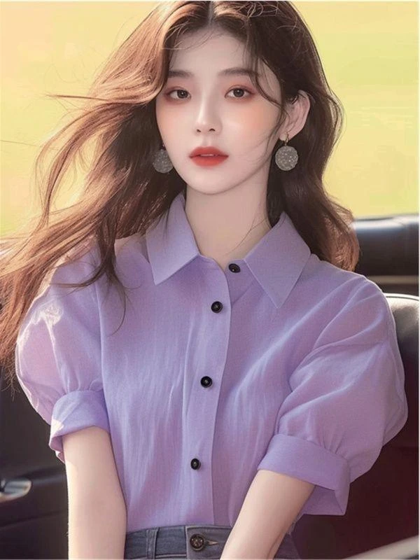 洋气独特别致上衣夏款女装2025新款淡紫色polo领泡泡短袖衬衫