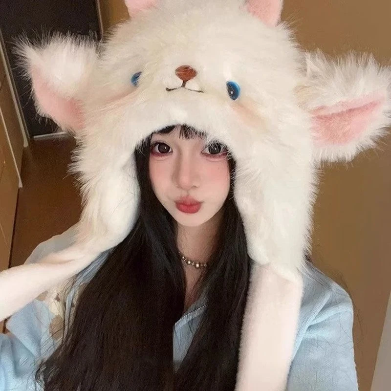 小羊毛绒帽子耳朵会动女冬季可爱加厚保暖防寒护耳帽显脸小雷锋帽