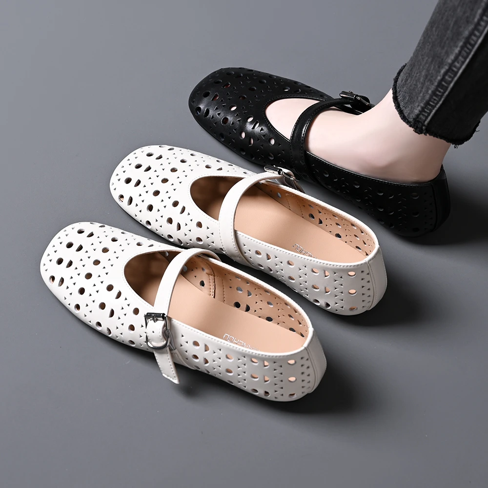 浅口镂空洞洞透气单鞋女春夏新款圆头平底舒适不累脚一字扣玛丽珍