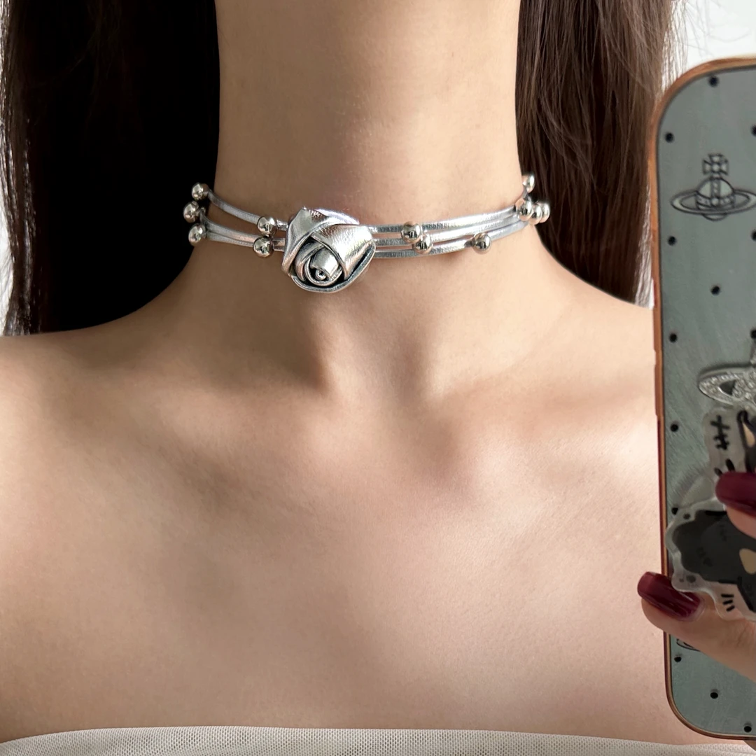 非金属皮质项链 X5819-1性感百搭时尚高级感美式辣妹玫瑰钉珠颈链