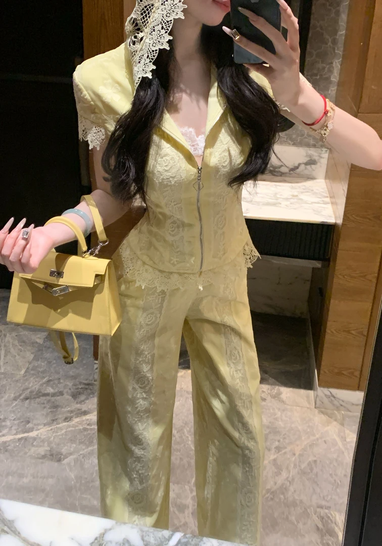 【雅乔定制】南法记忆 蕾丝花边上衣阔腿裤套装两件套DYZY-25037569