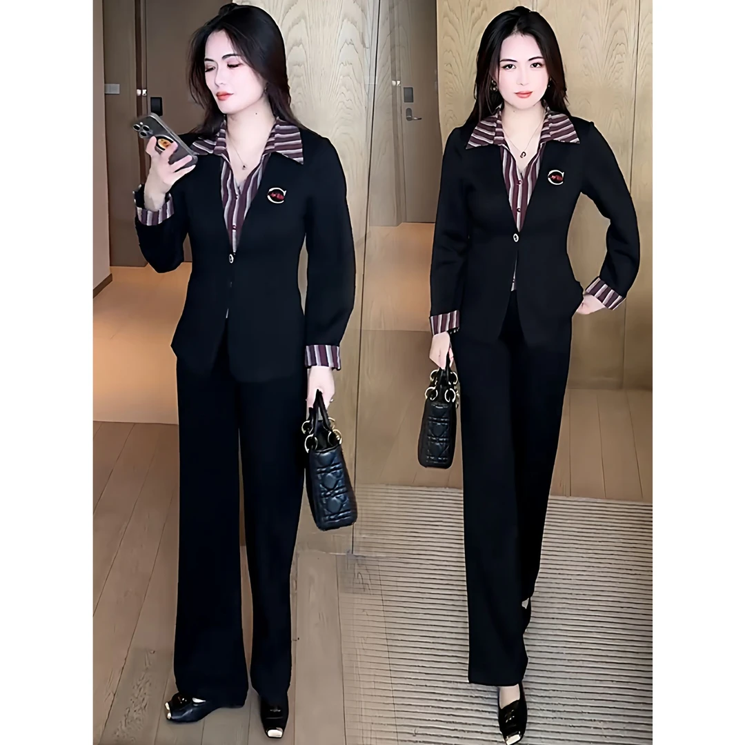 西装套装女2025春秋新款设计感撞色拼接显瘦长袖外套阔腿裤两件套