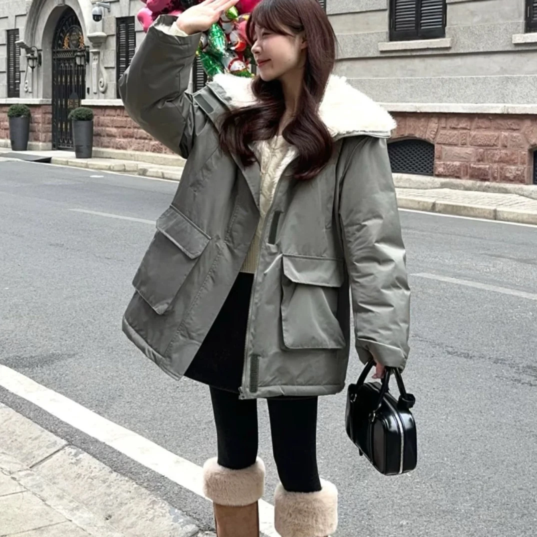 拼接中长款冬季女韩版毛绒派克服长袖连帽散口袖