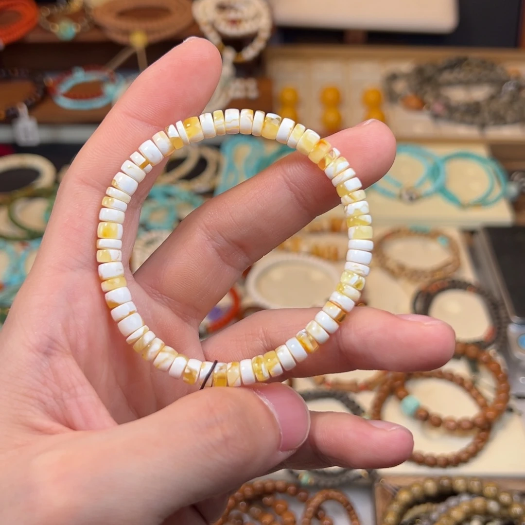 蜜蜡未镶嵌手串金瓷白妖花溶洞拉丝药片手串尺寸卡6+