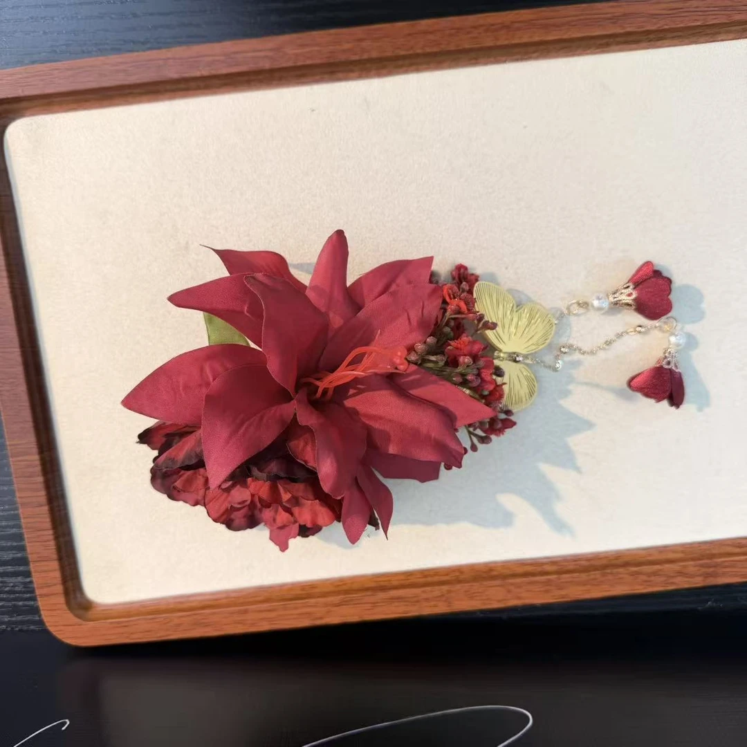 少女风复古宫廷女边夹森系发夹精美红色配饰纯手工