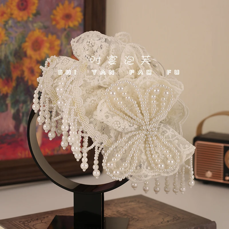 邂逅鲨鱼夹法式赫本风蝴蝶结珠珠蕾丝发饰AB面2025早秋新款头饰女