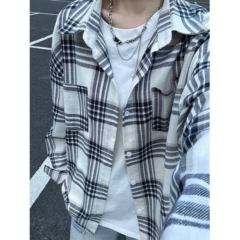 格子衬衫男春秋款日系简约刺绣长袖衬衣宽松复古情侣潮牌休闲外套
