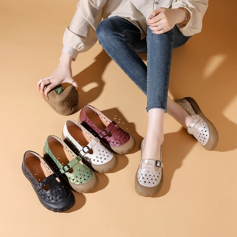 2025夏款真皮牛皮凉鞋轻底软底平底防滑妈妈鞋镂空透气女鞋 85556