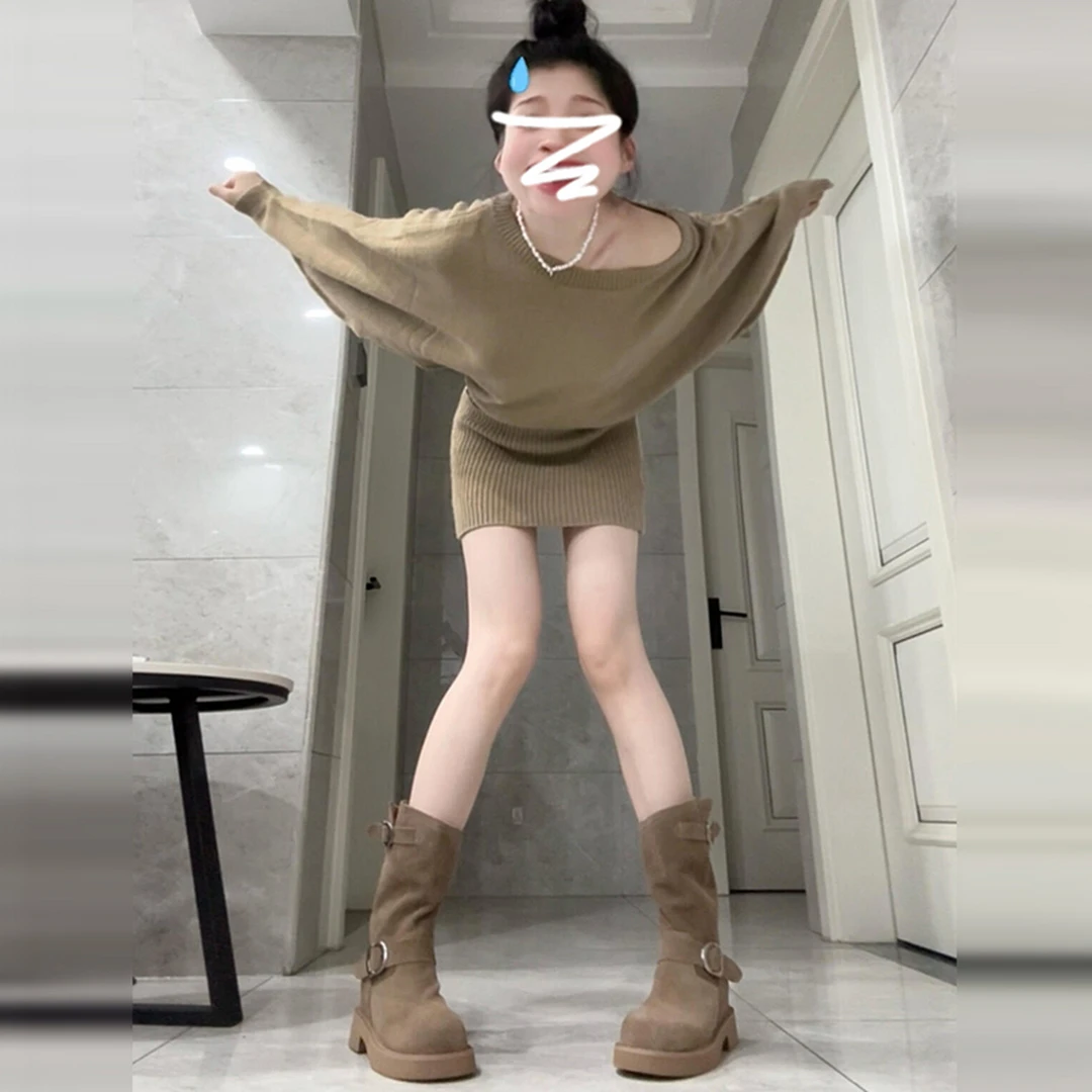 高级感一字肩针织毛衣连衣裙子女装2025新款早秋早秋穿搭包臀短裙