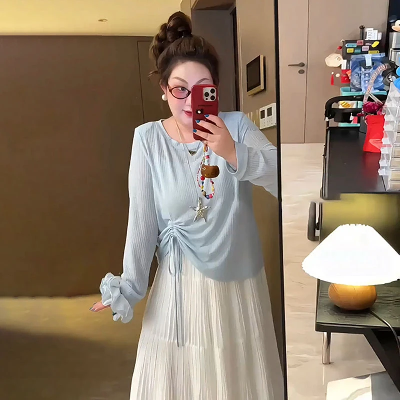 【8625】大码女装胖mm夏日轻薄凉爽透气针织衫长袖T恤罩衫显瘦上衣