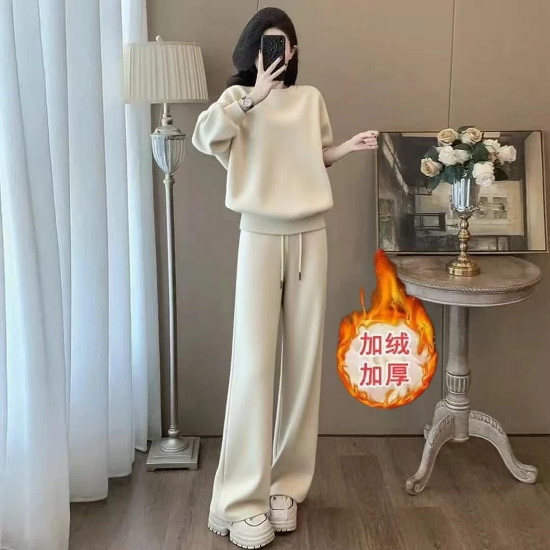 加绒加厚运动套装秋冬季女2025时尚减龄洋气休闲卫衣阔腿裤两件套
