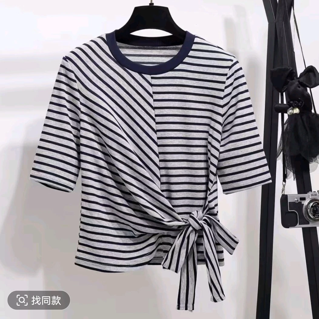 2558新款时尚洋气减龄显瘦条纹中袖T恤不规则宽松百搭休闲女士