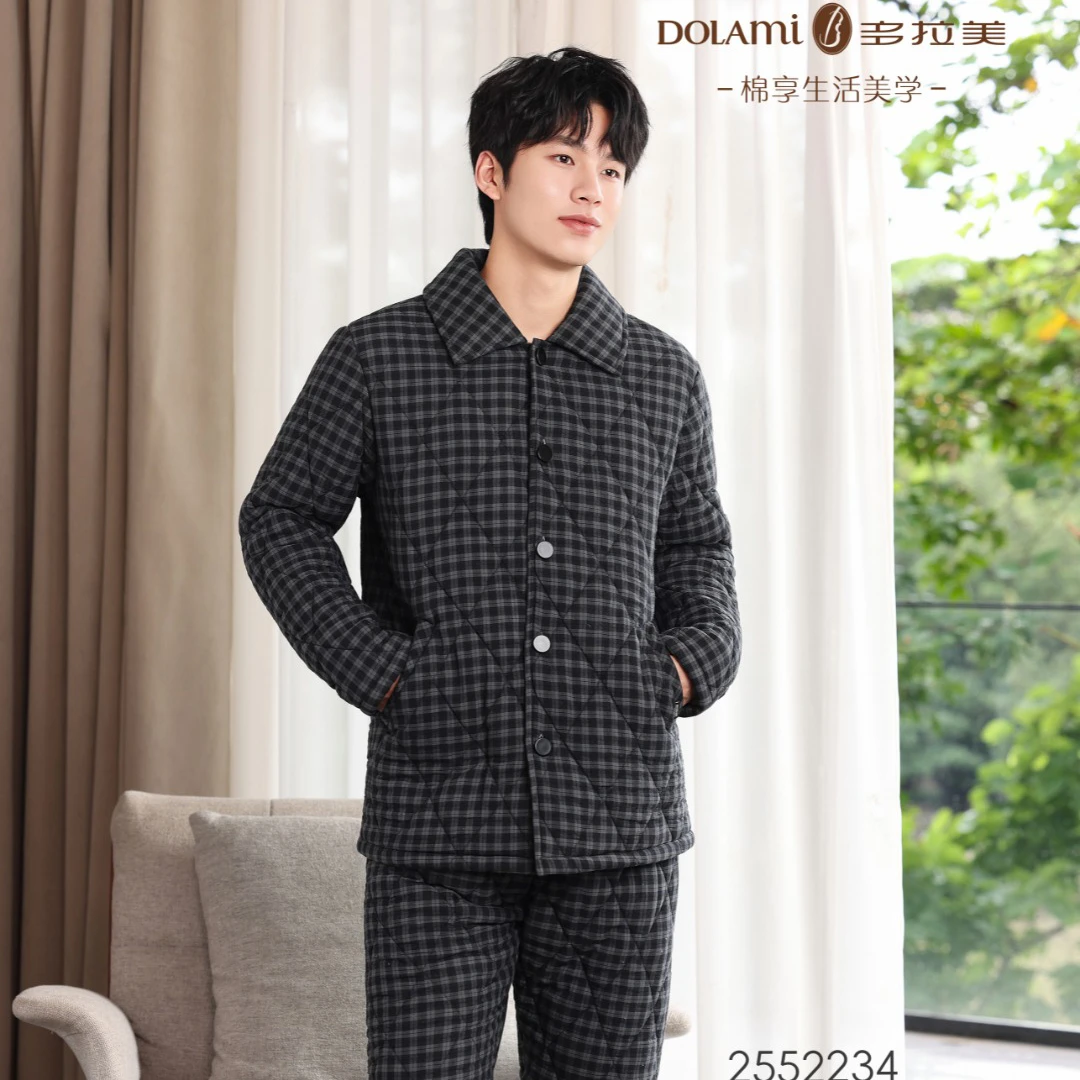 专柜正品多拉美2025年冬季男士梭织纯棉加厚夹棉格子加绒睡衣套装