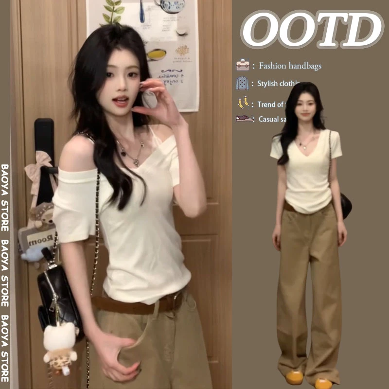 时尚套装女2025夏季新款纯欲风修身辣妹v领短袖百搭牛仔裤两件套