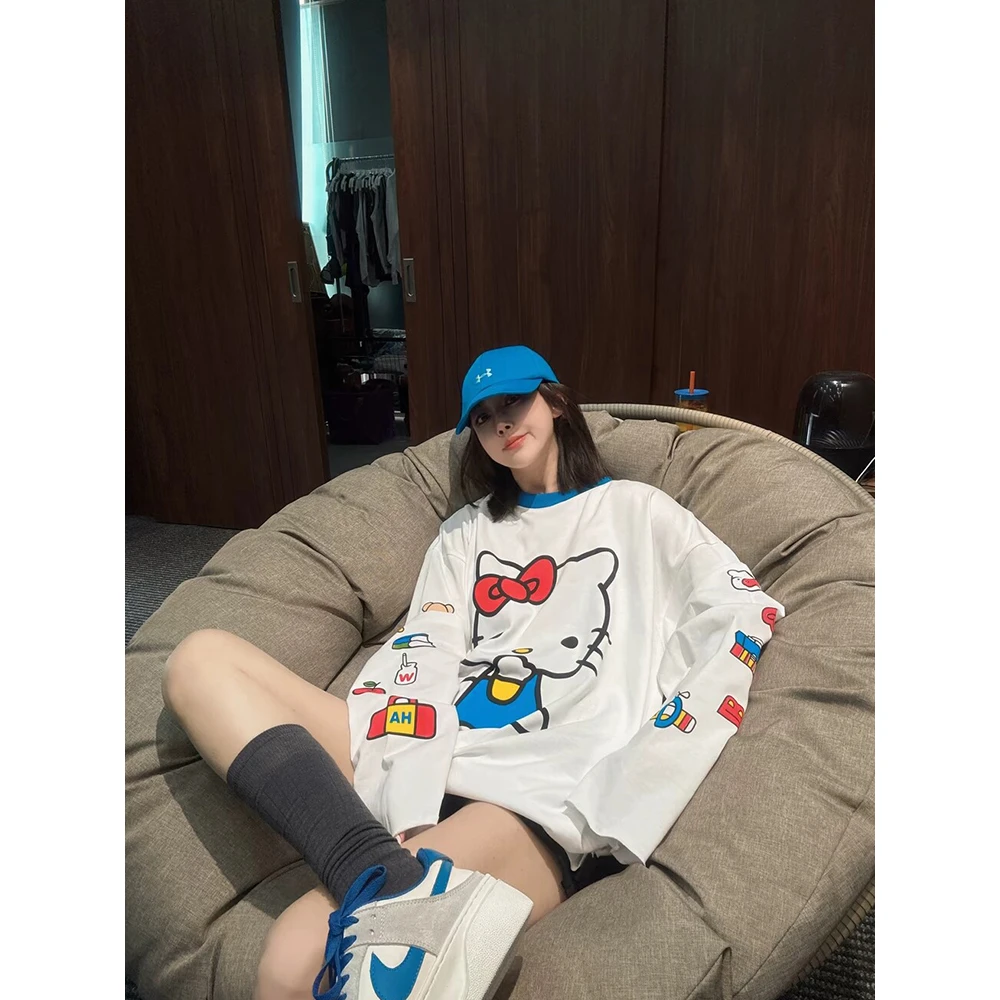 韩国东大门2025早秋新款卡通KT猫印花长袖T恤女宽松显瘦潮流上衣