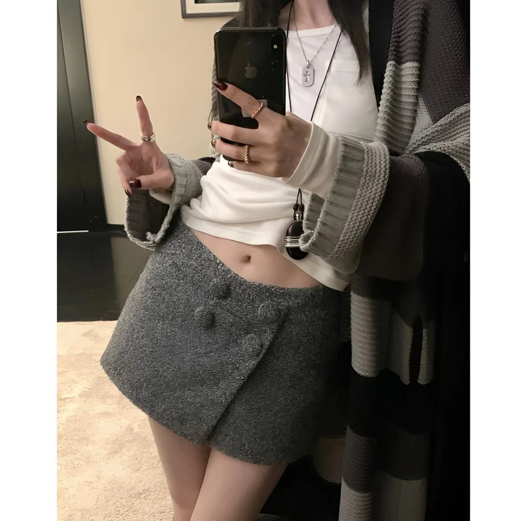 区区欧阳【鬼马少女】圈圈呢半身裙辣妹显瘦a字短裙裤多扣搭片