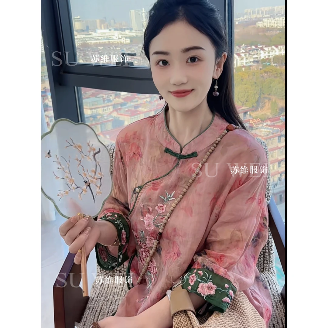 1801新中式宽松苎麻刺绣小衫圆领碎花长袖上衣