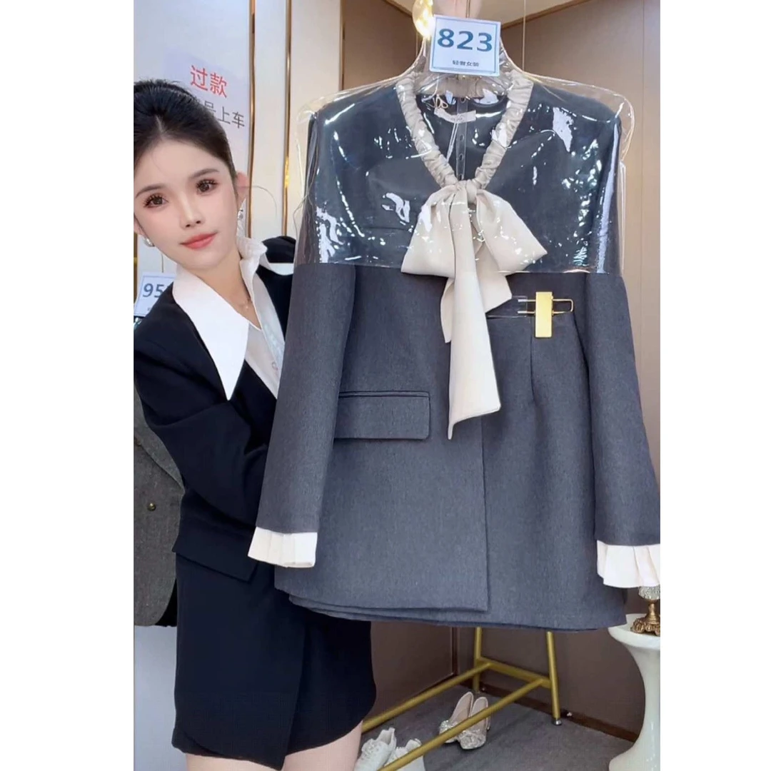 2025秋冬韩版小香风外套显瘦蝴蝶结缎面丝巾外套裙子两件套