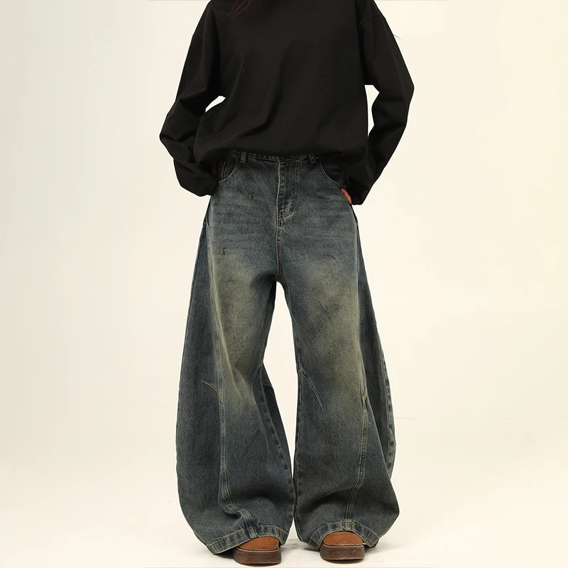 野生阿子美式街头水洗高级感弯刀牛仔裤男女宽松阔腿潮牌解构裤子