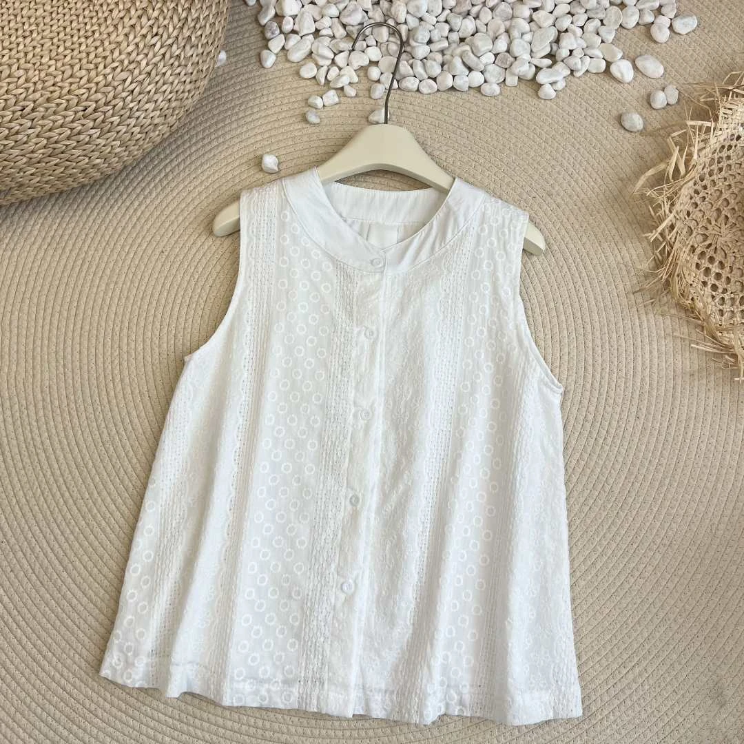 棉白色蕾丝刺绣无袖衬衫背心女外穿夏新款宽松遮肚开衫上衣女1666