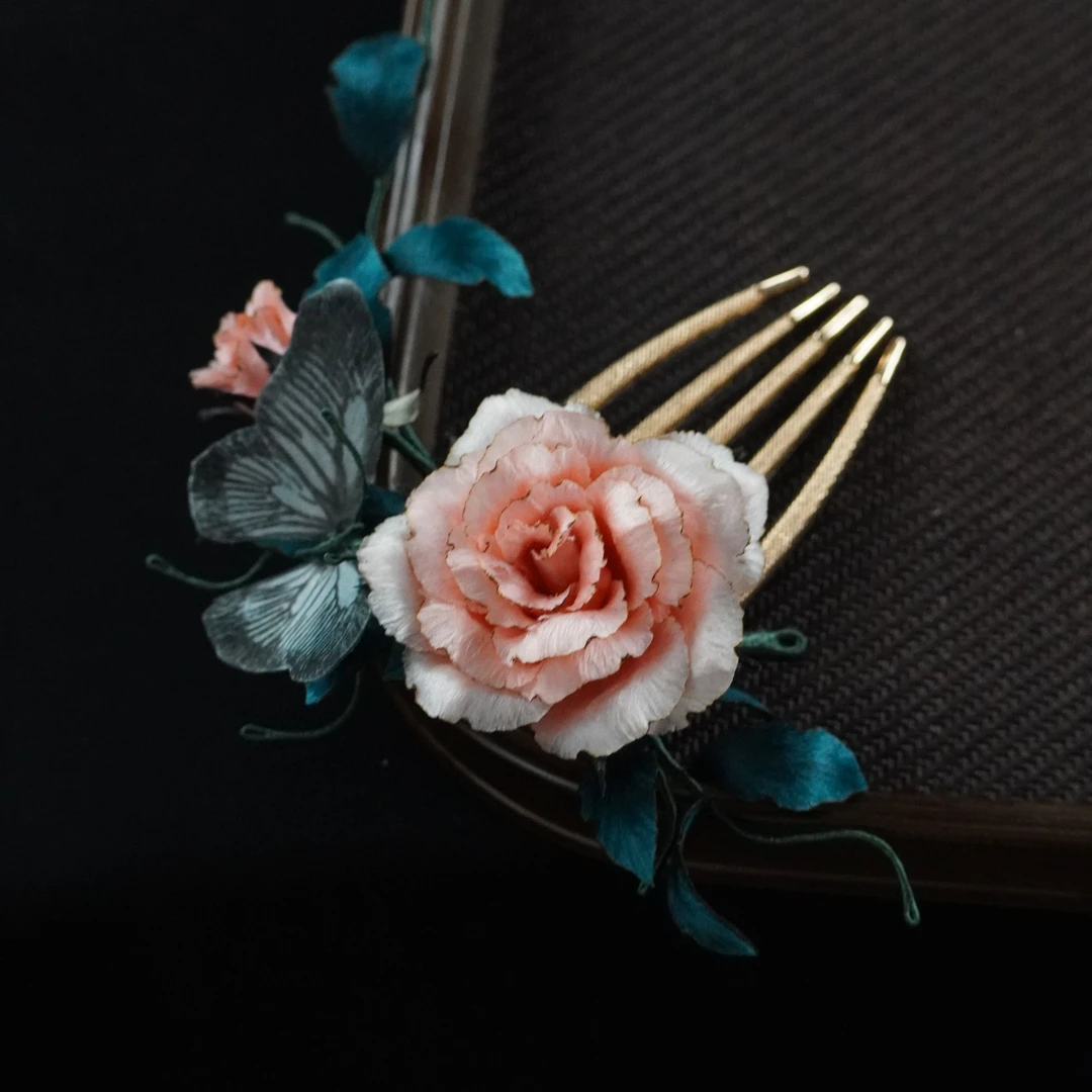古风烧边瑰插梳非遗绒花手工南京绒花头饰旗袍复古簪发外出插梳