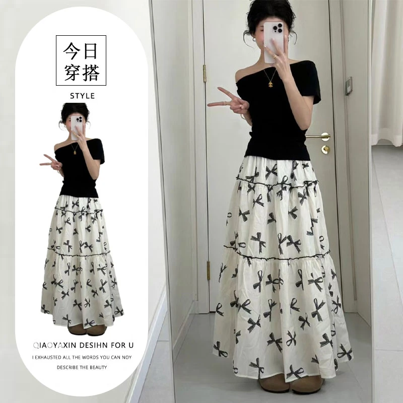 2025夏季超火穿搭套装韩系不规则黑色斜肩上衣印花半身裙两件套女