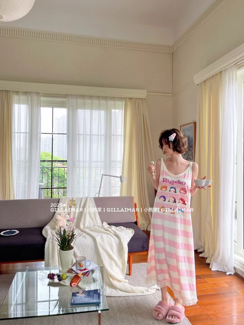 小熊夏季女款韩版条纹过膝中长款吊带连衣裙7649