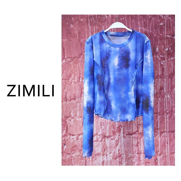 【亮哥女装】2025欧版星空蓝扎染圆领时尚休闲高弹网纱上衣8557-K7