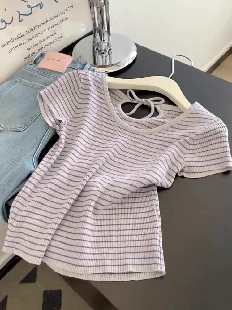 韩系条纹别致短袖针织T恤女夏季2025新款高级感洋气减龄卡腰上衣