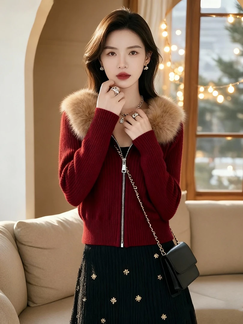 新年圣诞穿搭奶呼呼软糯慵懒风宽松毛领红色长袖针织衫毛衣女秋冬
