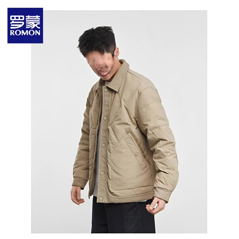 罗蒙外套保暖短款休闲加厚男士羽绒服机车风翻领帅气时尚简约外套