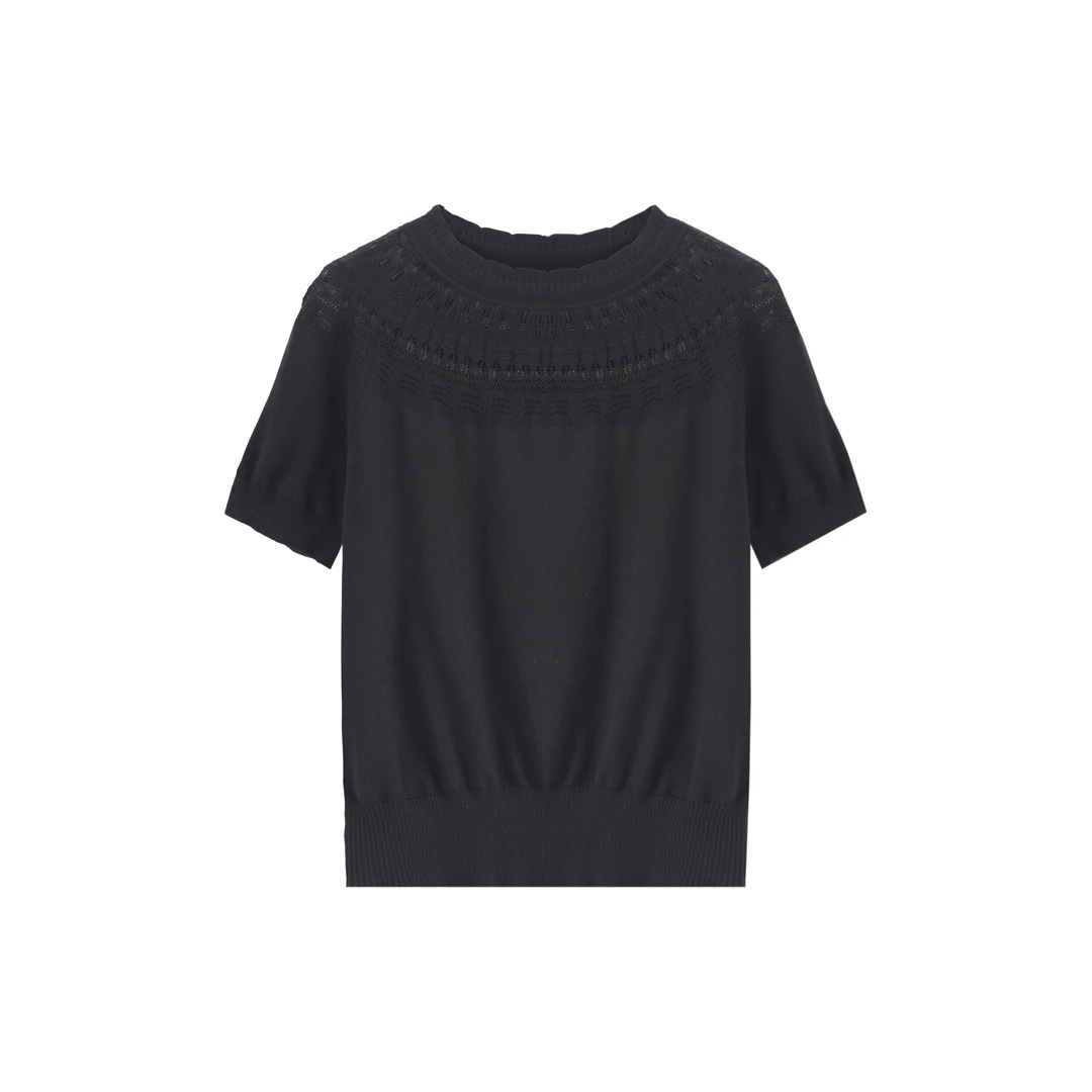 薄款镂空钩针圆领蕾丝绢丝棉桑蚕丝短袖针织衫上衣7761