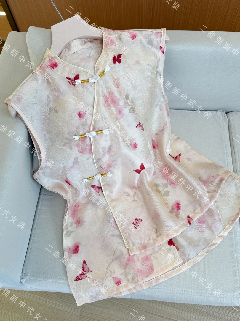 【珍珠锦】新中式斜襟宽松提花短袖气质立领T恤清凉夏款