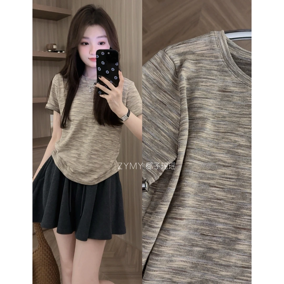 【月下凉风】韩系休闲条纹圆领百搭显瘦夏季清凉正肩T恤短袖上衣