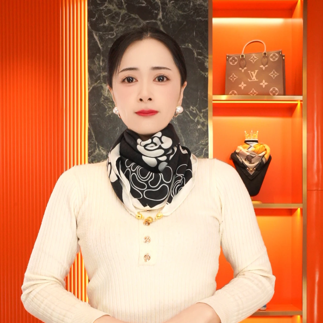 F54【黑白山茶】时尚女百搭围巾女磁吸扣气质围脖保暖洋气方巾丝巾