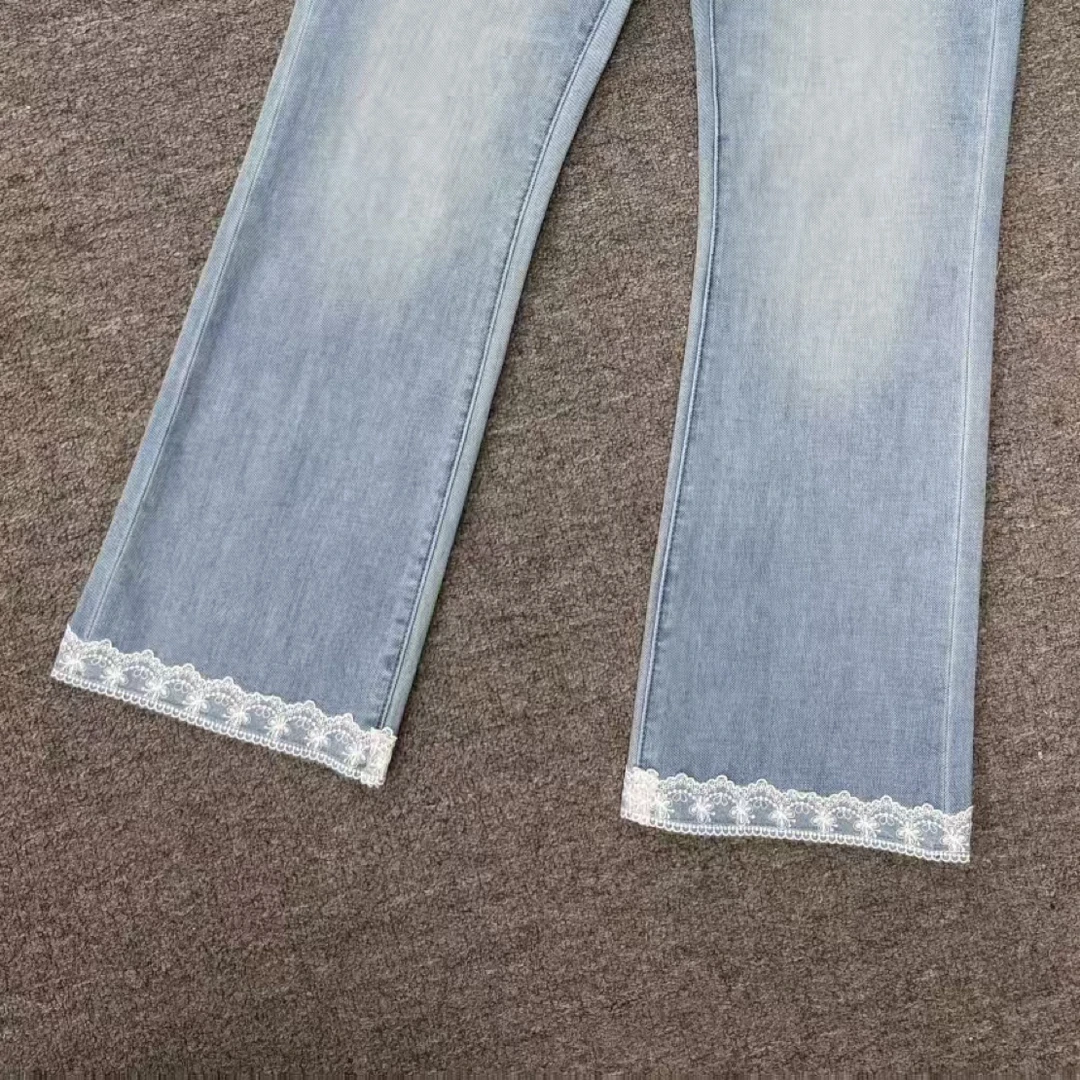 Z3378P蕾丝裤脚牛仔裤休闲喇叭裤裤子微喇纯欲