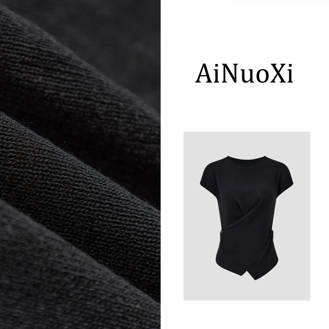 Ainuoxi/艾诺希夏季新款法式不规则圆领飞飞袖冰丝针织衫3950