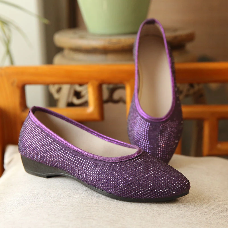 春夏尖头坡跟老北京布鞋女软底气质旗袍鞋紫色民族风中老年舞蹈鞋