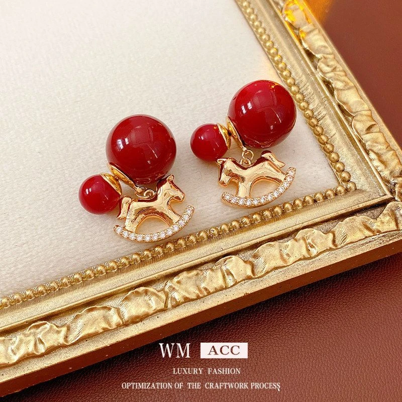 铜合金耳饰 真金电镀锆石圆形摇摇马耳环时尚复古耳钉精致百