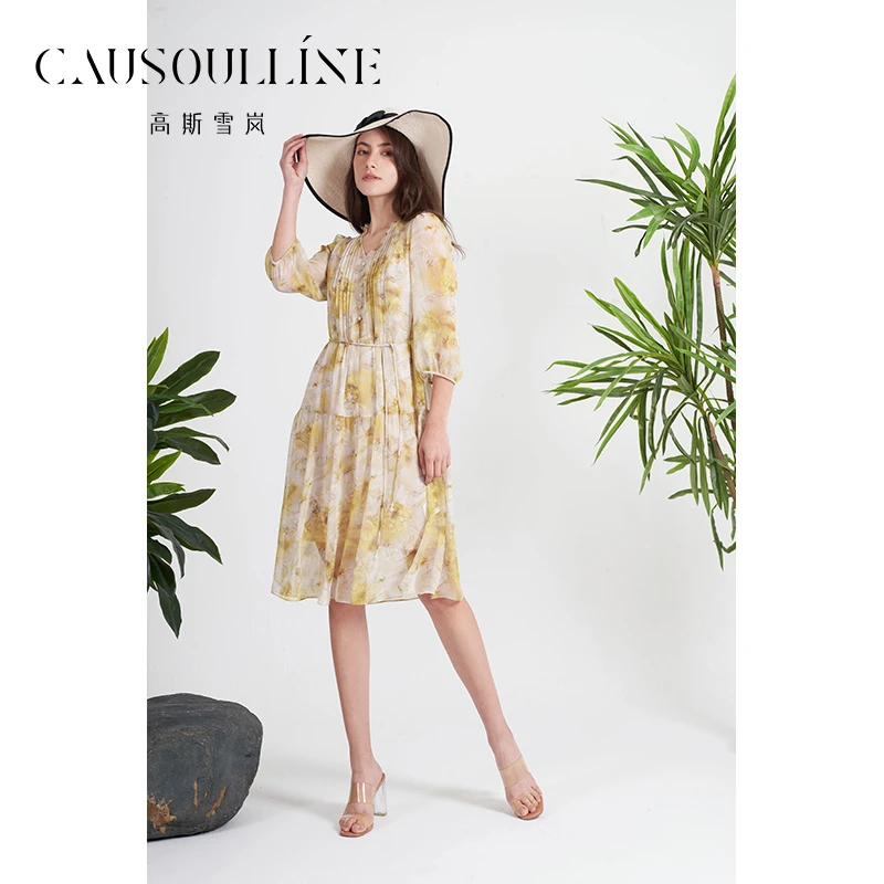 高斯雪岚【夏季新品】印花气质时尚法式百搭收腰连衣裙女24212226