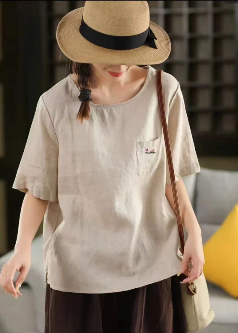 透气亚麻极简风动物短袖圆领T恤纯色文艺宽松牛仔风显瘦休闲百搭