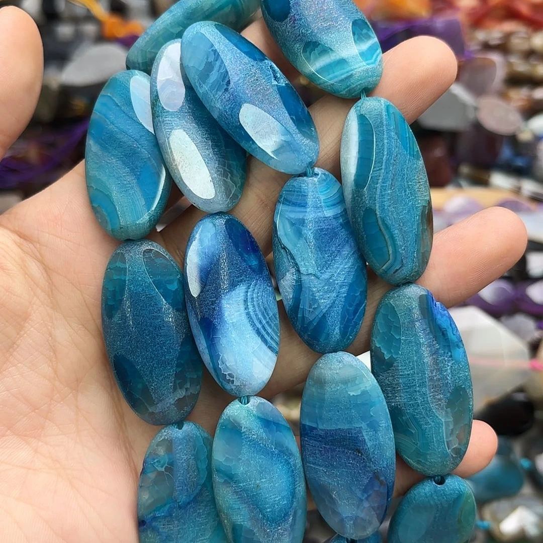 玛瑙/玉髓未镶嵌珠宝半成品20×40蓝磨砂蛋型一条8颗