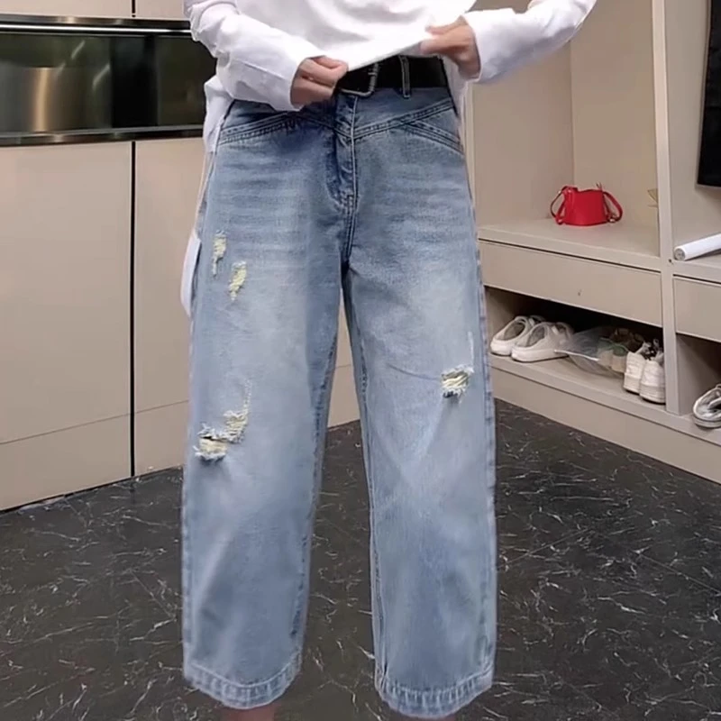 夏季薄款大码女装破洞九分牛仔裤梨型身材高腰弹力显瘦宽松法棍裤