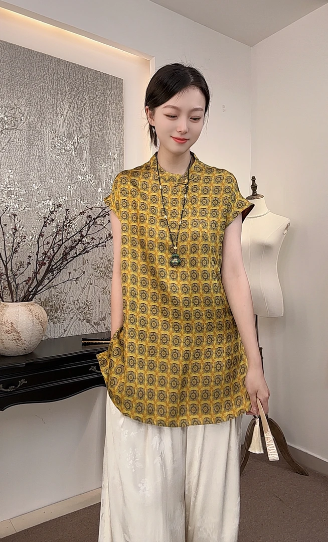 夏款新中式常规宽松型洋气满印女士立领常规款