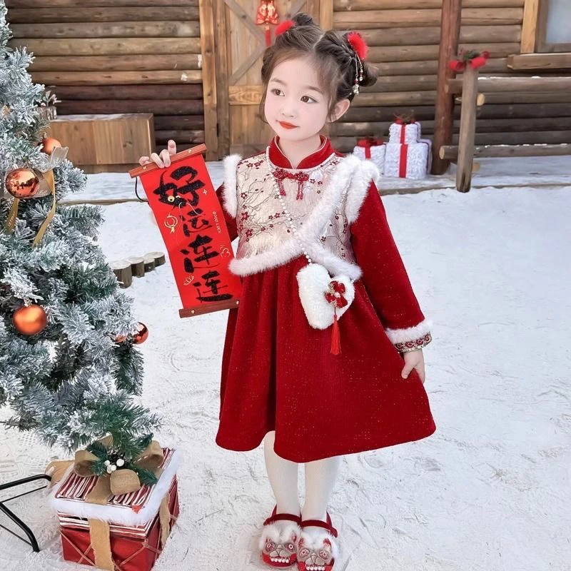 过年服女童秋冬连衣裙2024新款中国风宝宝裙子洋气儿童新年公主裙