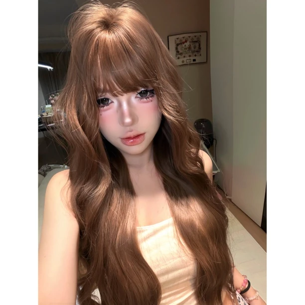 定制【kuku私藏齐刘海】女生长卷发暖棕色齐刘海自然显白全头套假发
