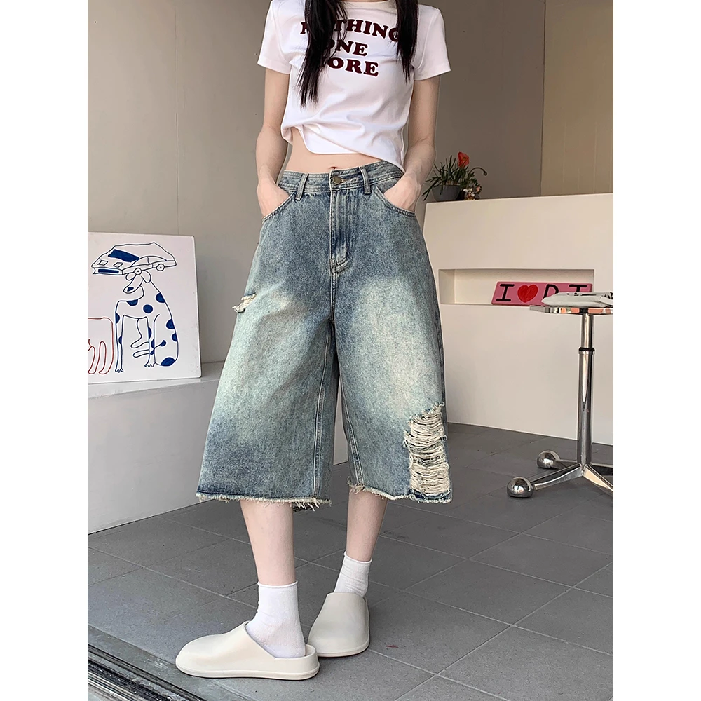 美式复古破洞七分牛仔短裤女新款高腰宽松阔腿显瘦毛边直筒中裤子
