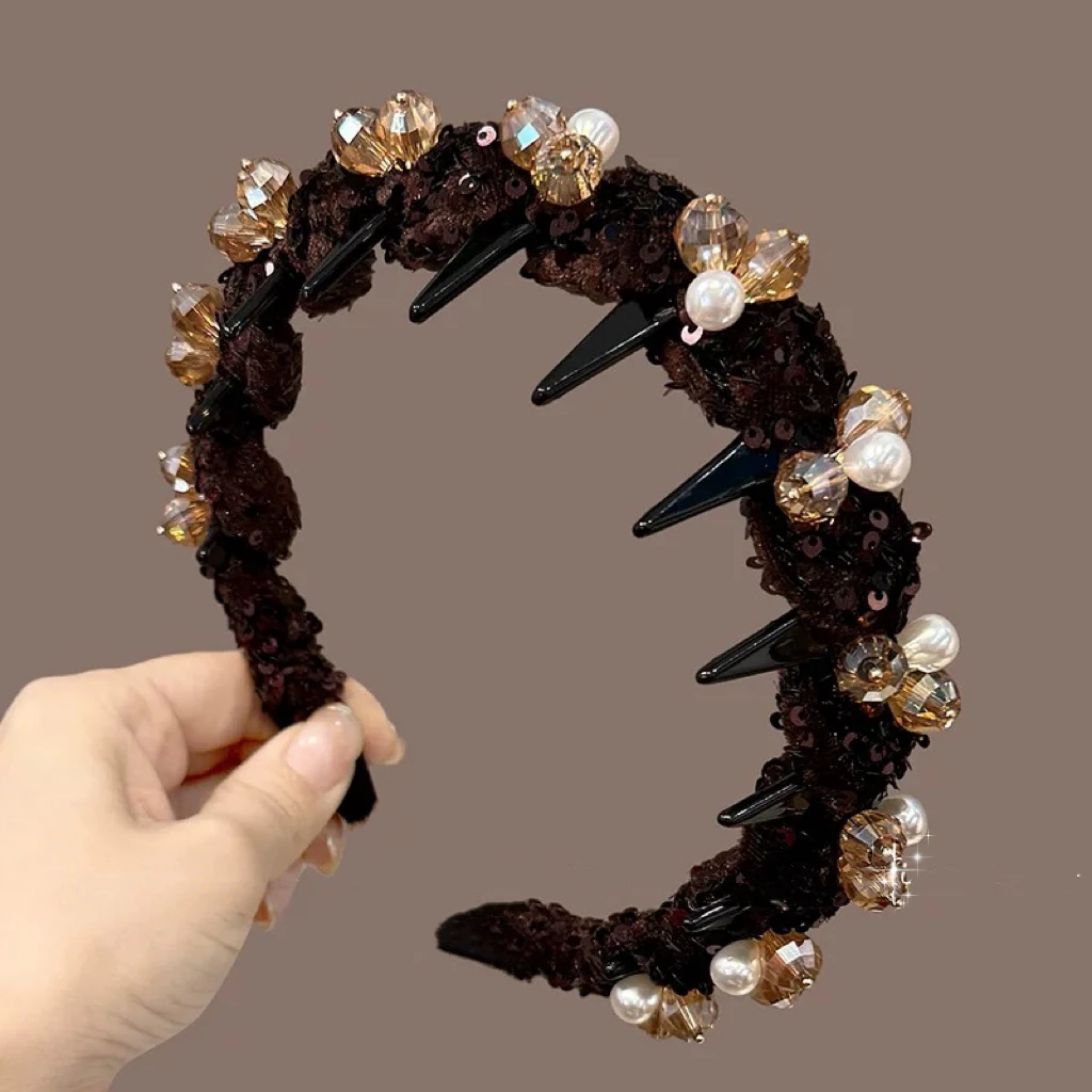 重工亮片丝绒编织波浪带齿发箍轻奢高颅顶防滑高级感头箍发卡