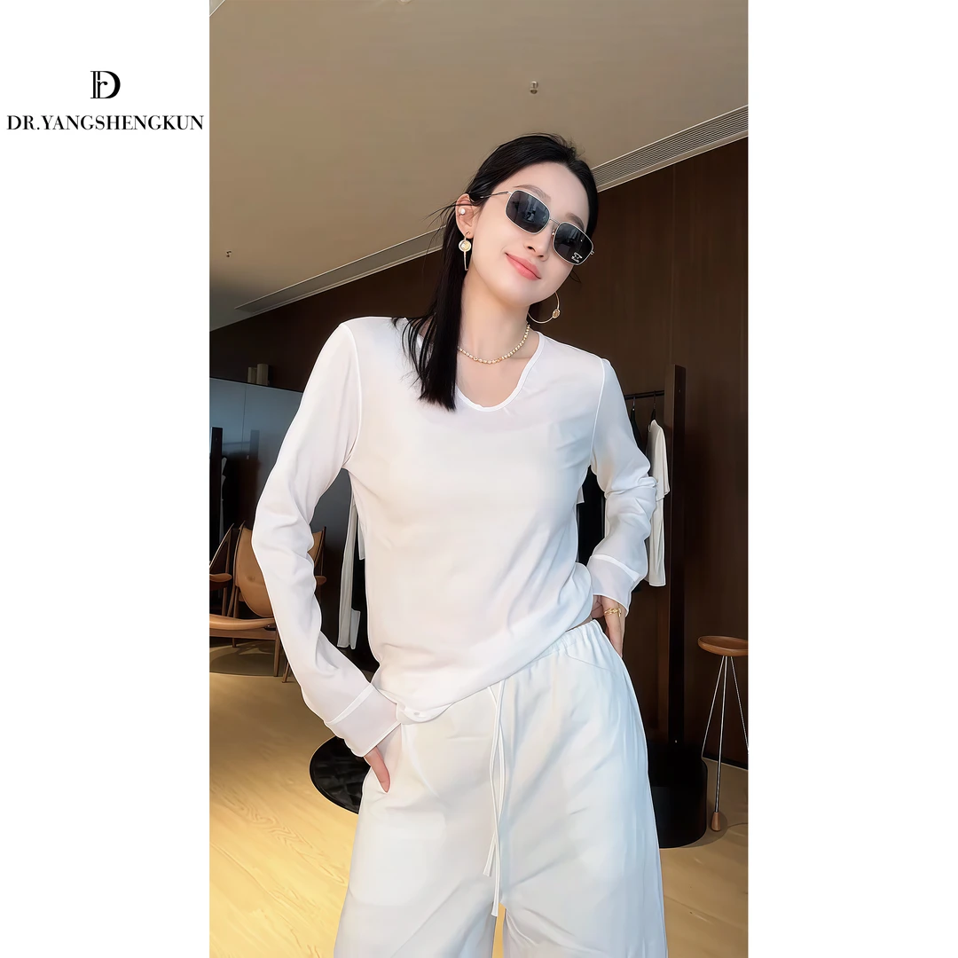 杨圣坤2025秋季新品女士简约时尚百搭后背绿字母钻长袖T恤L256718